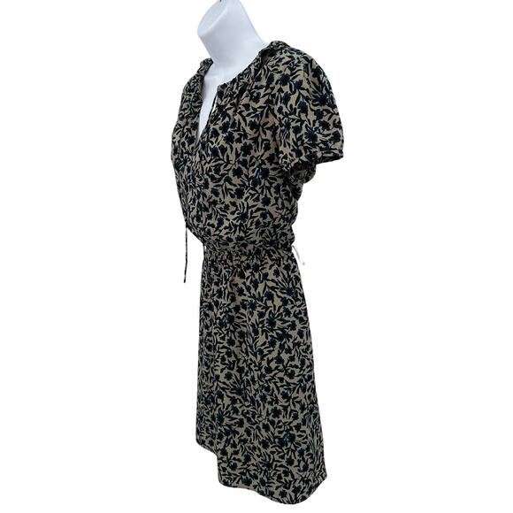 Ann Taylor LOFT Tan/Blue/Black Knee Length Floral Dress WMNS M Ruffle Tie Neck - Picture 3 of 12